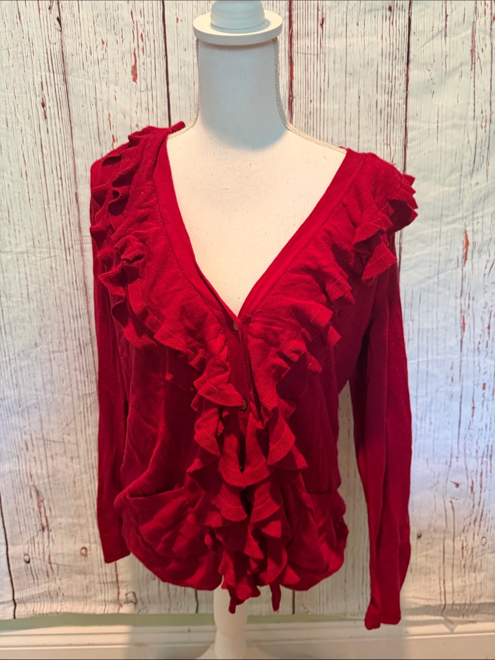 Women’s Red Ruffle V-Neck Cardigan